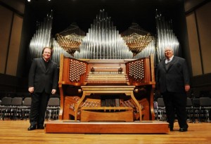 Ovid Young (left) with Timothy Nelson, pictured in 2011 at the new Ruffatti pipe organ in the Betty and Kenneth Hawkins Centennial Chapel at Olivet Nazarene University.