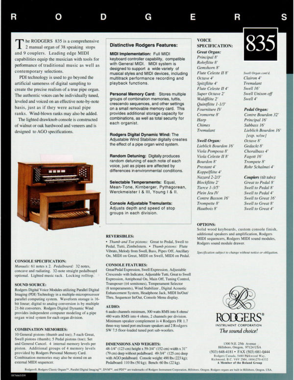 Rodgers 835 Tonal Specification