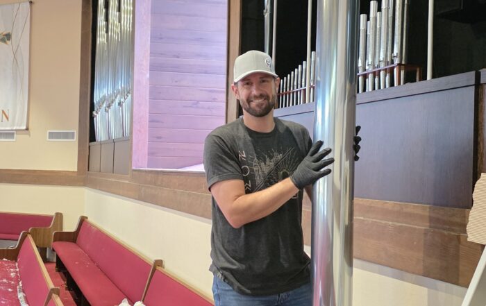 Pastor Eric Rouff helping with installation at Christ Venice Church, Rodgers Infinity 367 with Ruffatti pipework